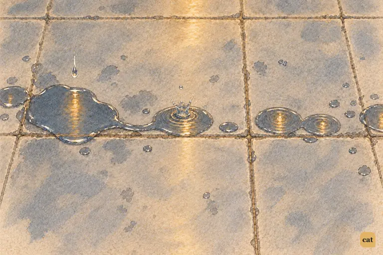 From above, the hall's stone floor is dotted with puddles around the ring of listeners
