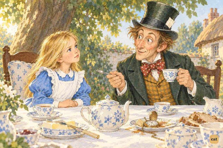The Hatter points his teaspoon at Alice and declares his watch perfectly reasonable