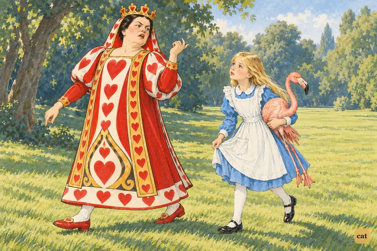 The Queen of Hearts marches across the empty croquet-lawn, beckoning over her shoulder