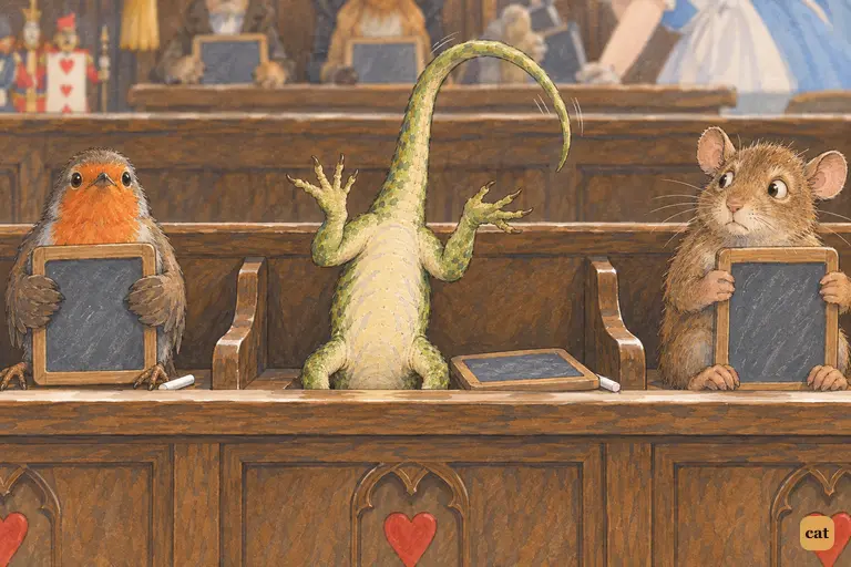 In her haste, the giant Alice has put Bill the Lizard back into the jury-box head downwards.