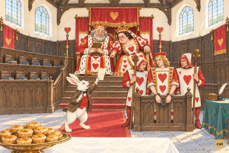 The White Rabbit hops forward with a folded paper just as the King calls for a verdict