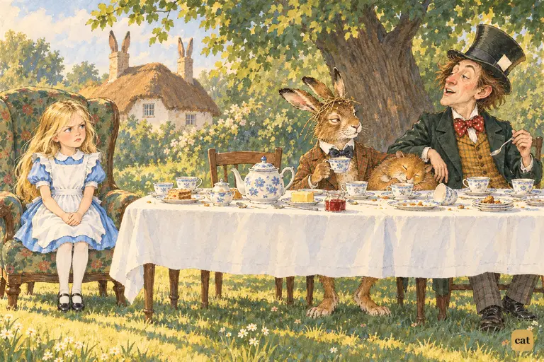At the tea-table under the tree, the Hatter throws back his head in lofty contempt