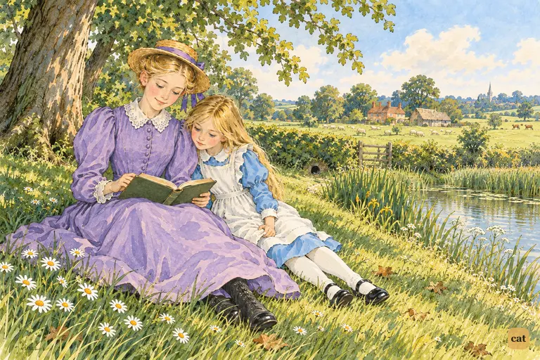 On a hot May afternoon, Alice's sister reads calmly under a leafy tree.