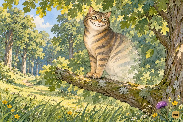 The Cheshire Cat sits on a low bough and slowly vanishes, tail first.