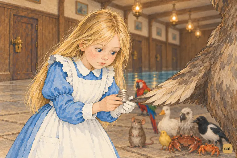 Alice bows and takes back her thimble from the Dodo, trying not to laugh