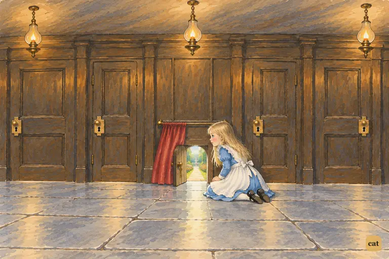 Alice kneels by the tiny open door, gazing down the passage at the sunlit garden