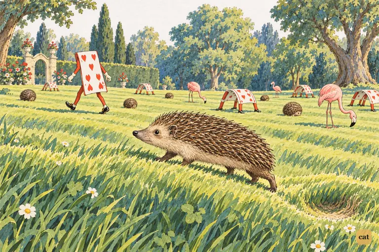 Close to the grass, a croquet-ball hedgehog uncurls and crawls calmly over a ridge.