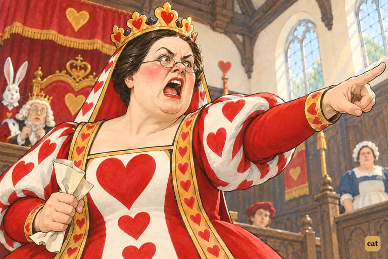 The Queen of Hearts half-rises from the throne and shrieks at the sleepy Dormouse
