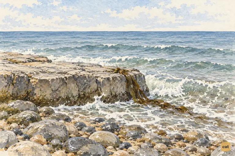Small waves wash the shingle as everyone waits for the Mock Turtle's story