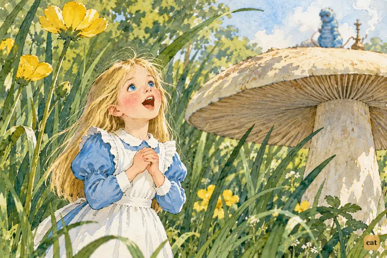 On tiptoe, Alice shouts the last rude line of Father William up at the Caterpillar