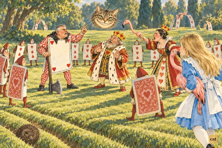 Alice comes back to find a large, silent ring of cards round the Cheshire Cat's floating head.