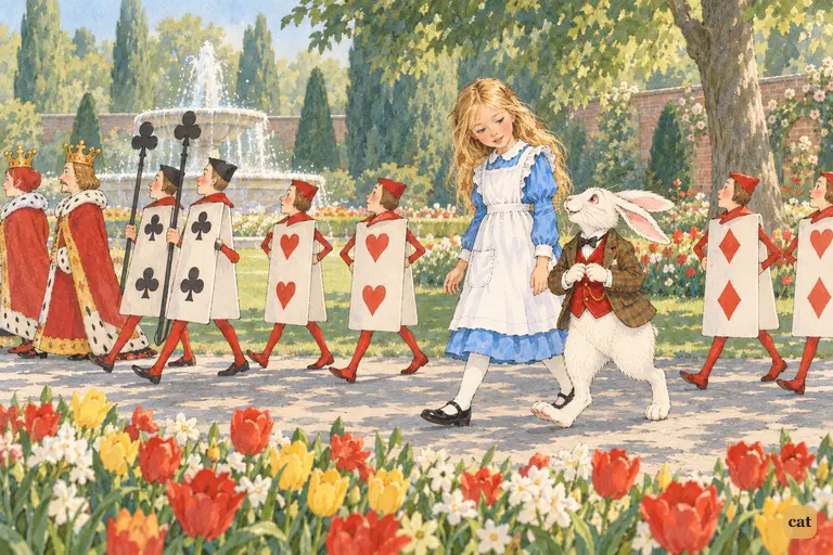 Alice walks in the Queen of Hearts' procession of playing cards along a sunny garden path.