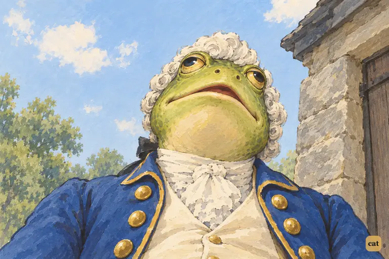 From tiny Alice's view below, the Frog-Footman keeps talking with eyes fixed on the sky
