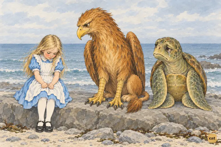 The Gryphon and the Mock Turtle stare at Alice in reproachful silence