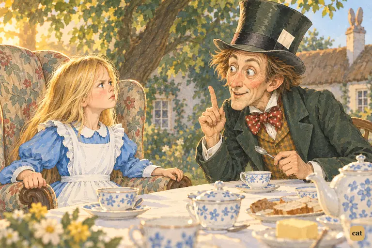 Alice sits stiffly in the big arm-chair after scolding the Hatter.