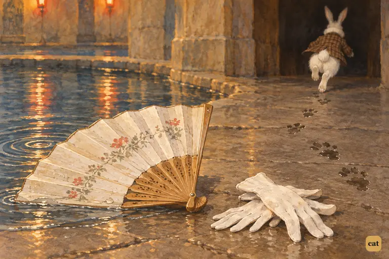 The White Rabbit's fine gloves and large fan lie on the wet stone at the edge of the pool of tears.