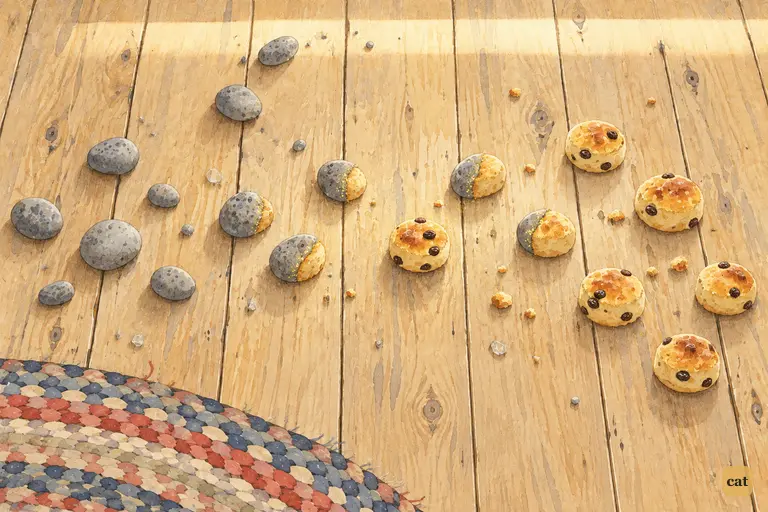 On the Rabbit's floorboards, thrown pebbles turn into little golden cakes