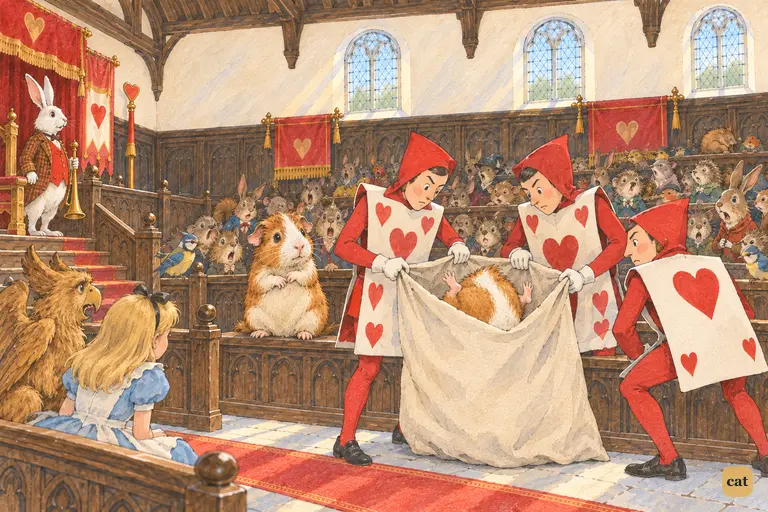 Court officers push a cheering guinea-pig head first into a canvas bag