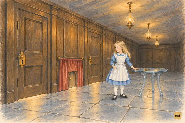 Alice is back in the dim, amber-lit hall, standing beside the little glass table
