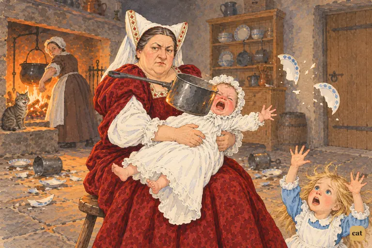 In the Duchess's peppery kitchen, a huge saucepan flies within an inch of the howling baby's nose.