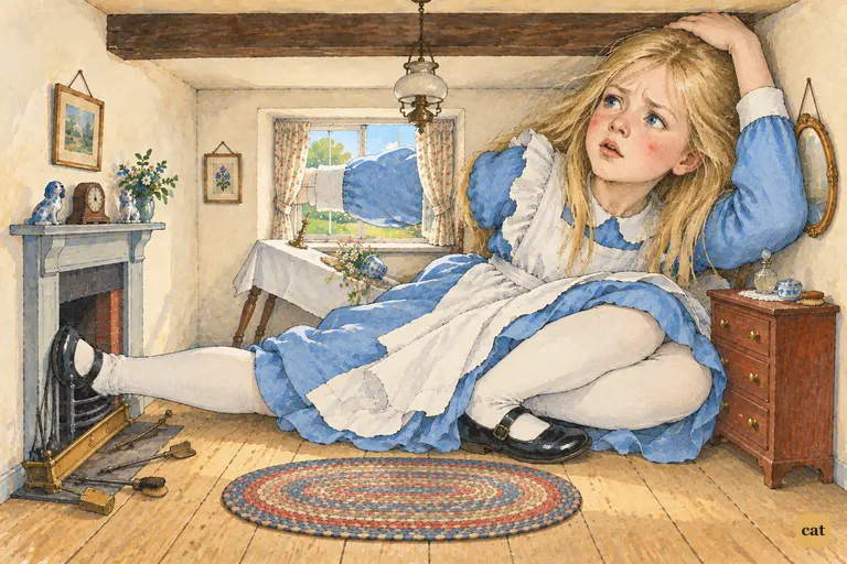 Alice fills the Rabbit's little room, one arm out the window, one foot up the chimney
