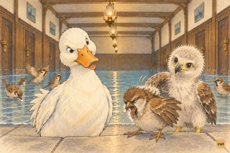 The Duck gulps its comfit as the Eaglet pats a small choking bird on the back
