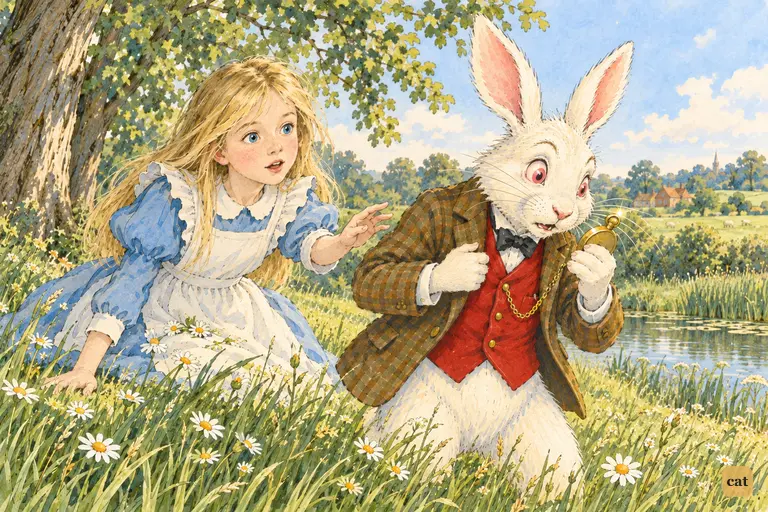The White Rabbit stops short in the daisy grass and holds up a gold watch from his waistcoat-pocket.