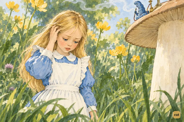 Small among towering buttercups, Alice admits her busy bee verse has come out wrong