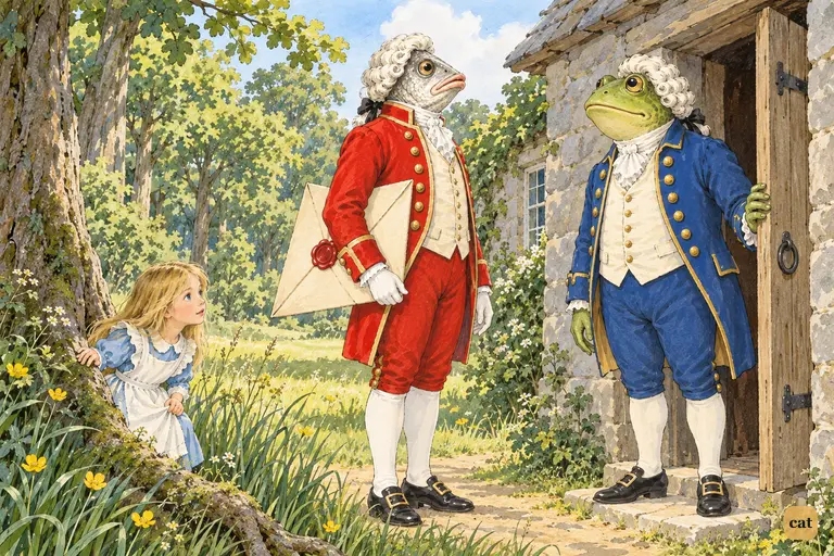 Fish- and frog-faced footmen in powdered curls face each other solemnly at the door