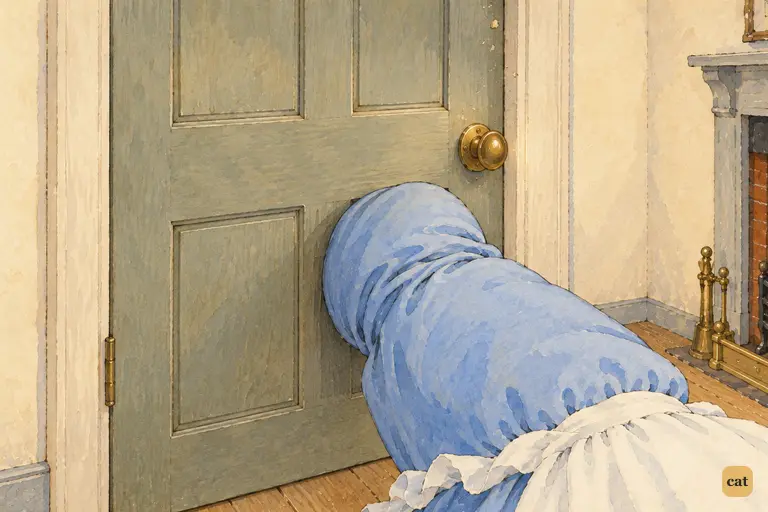 The White Rabbit turns the brass knob, but Alice's huge elbow presses against the door