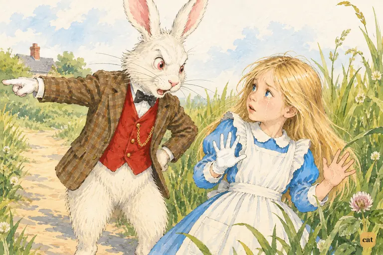 Mistaking tiny Alice for Mary Ann, the White Rabbit points her home down the path