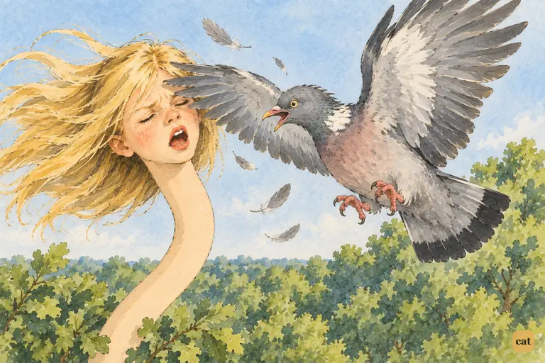High above the tree-tops, a large Pigeon crashes into Alice's face, screaming Serpent!