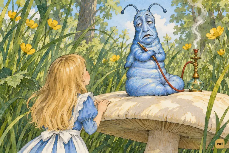 Alice stands on tiptoe at the edge of the mushroom and looks up at the blue Caterpillar.