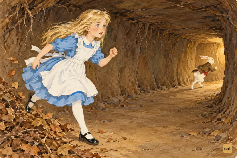Alice springs up from the heap of dry leaves at the bottom of the rabbit-hole.