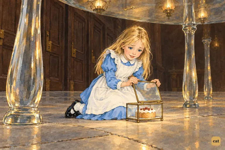 Alice, now tiny after crying, kneels under the tall glass table.