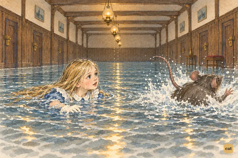 Tiny Alice swims across her pool of tears toward a large dark splashing shape