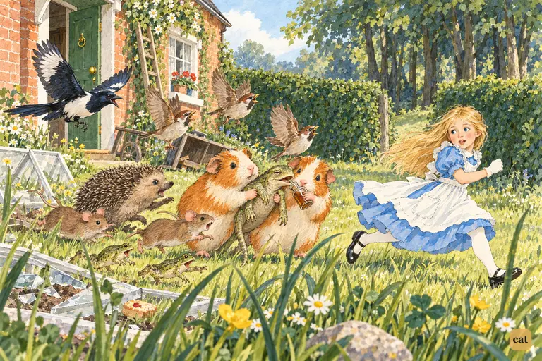 Three-inch Alice runs from the Rabbit's garden as animals and birds rush after her