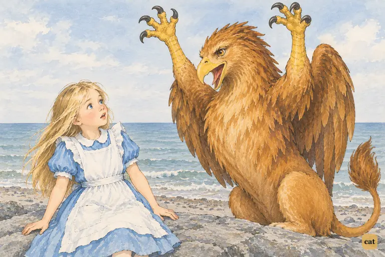 The Gryphon throws up his paws, outraged that Alice has never heard of Uglification