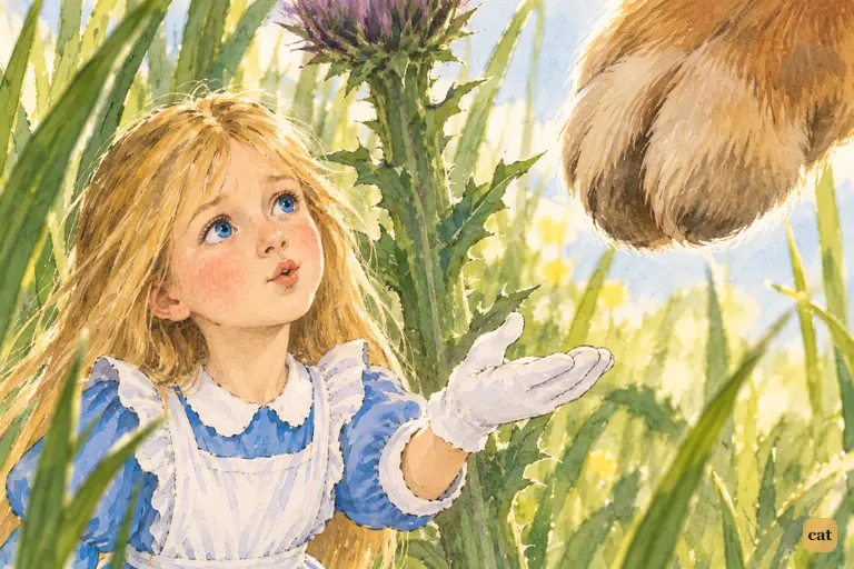 Tiny Alice purses her lips to whistle and reaches a gloved hand to the puppy's paw