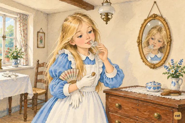 With the fan and gloves under her arm, Alice lifts an unlabelled bottle to her lips