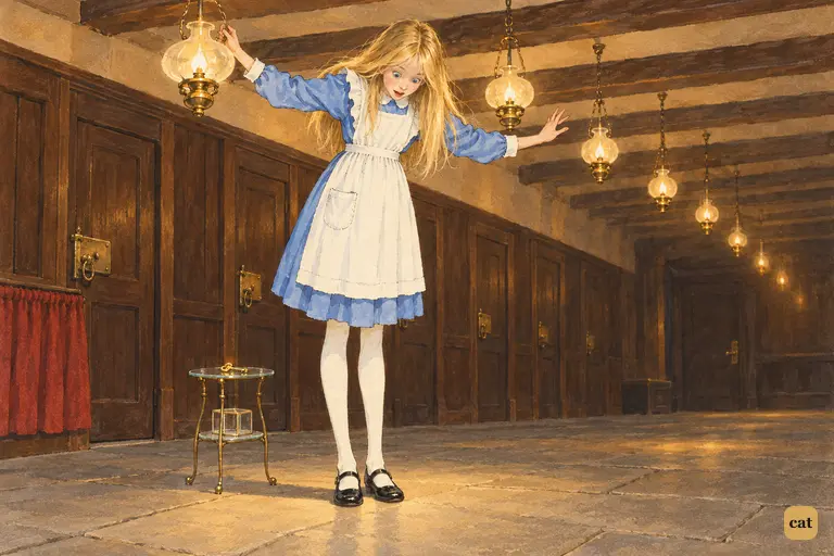 Alice shoots up to the hall's ceiling, the glass table reaching only to her knees