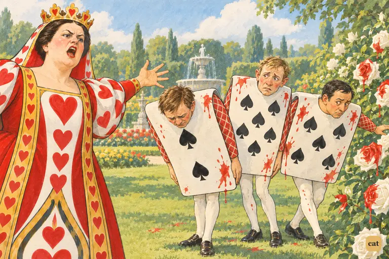 The three card-gardeners scramble up and bow every way at once, bumping into each other