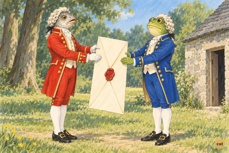 The Fish-Footman solemnly hands the Frog-Footman a letter almost as big as himself.