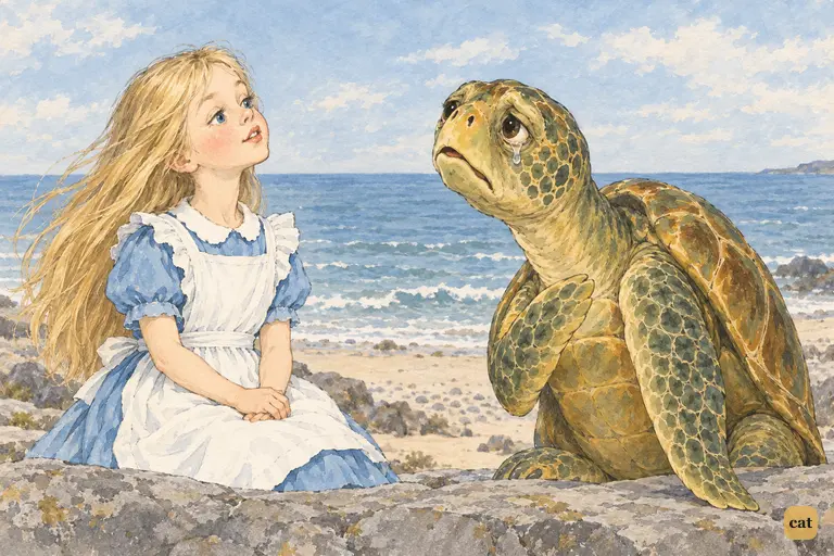 Alice sits up straight and tells the Mock Turtle she has been to a day-school too