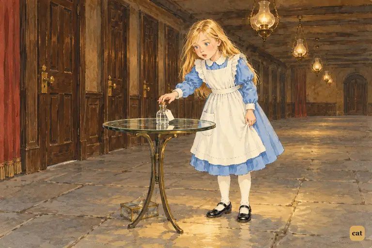 Back at the glass table, Alice finds a little bottle that was not there before