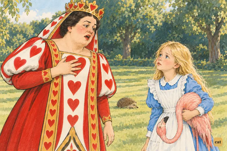 Panting, the Queen of Hearts asks Alice whether she has seen the Mock Turtle