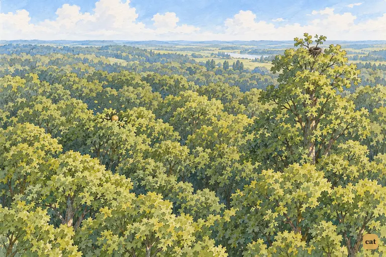 The wood from high above: a calm sea of green tree-tops.
