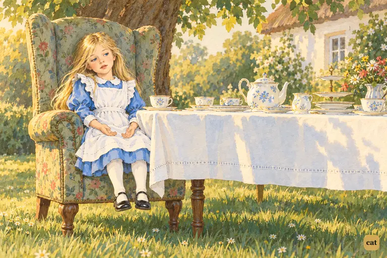 Alice sinks back into the huge arm-chair and sighs, tired of riddles with no answers
