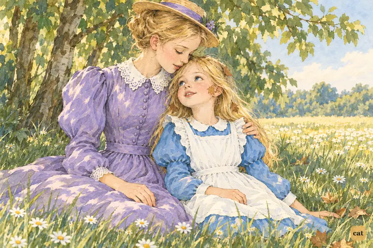 On the shady bank, Alice's sister kisses her forehead before sending her in to tea