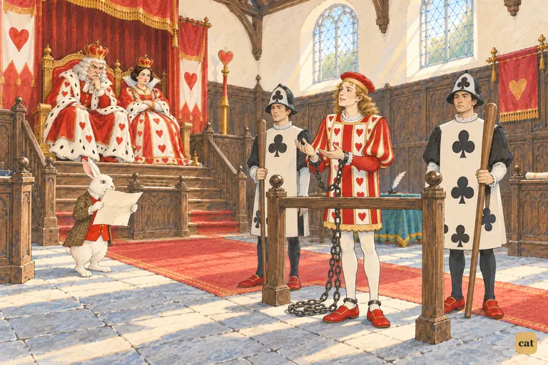 The chained Knave of Hearts protests that no name is signed under the verses